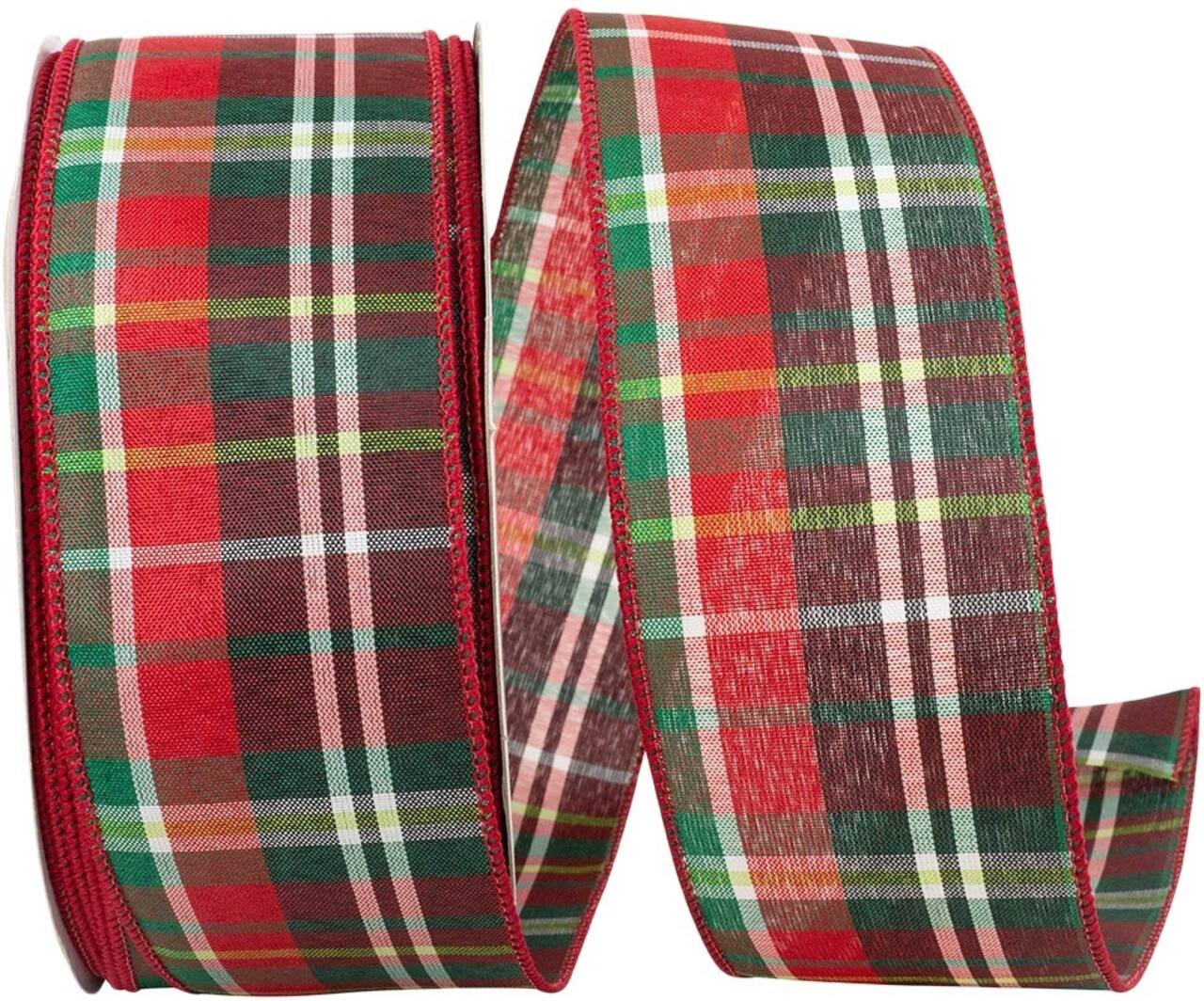 JAM Paper 2.5" x 50yd. Red & Green Grand Christmas Plaid Traditional Value Wired Edge Ribbon